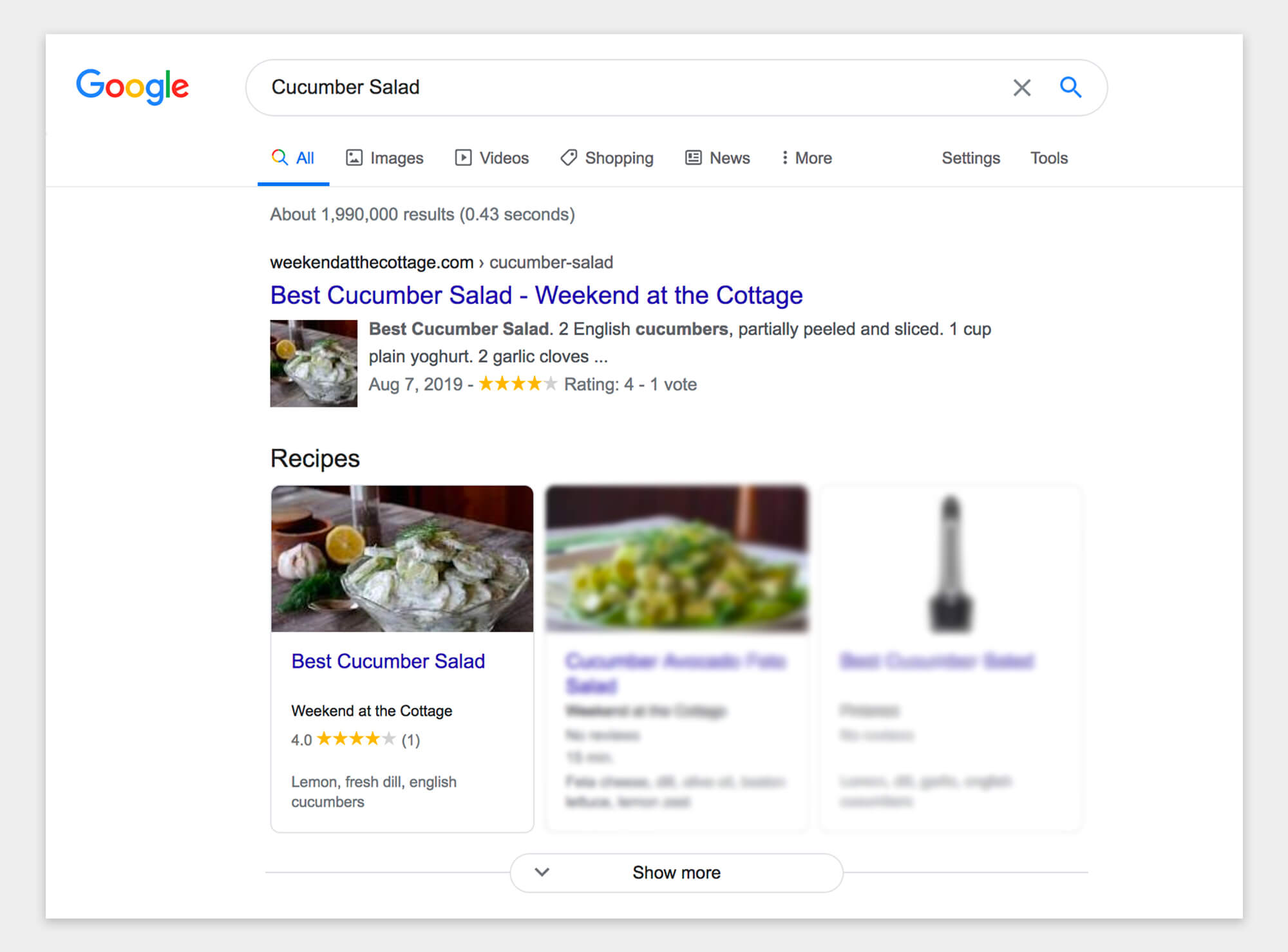 Website content search results displayed a "Recipe" post type.